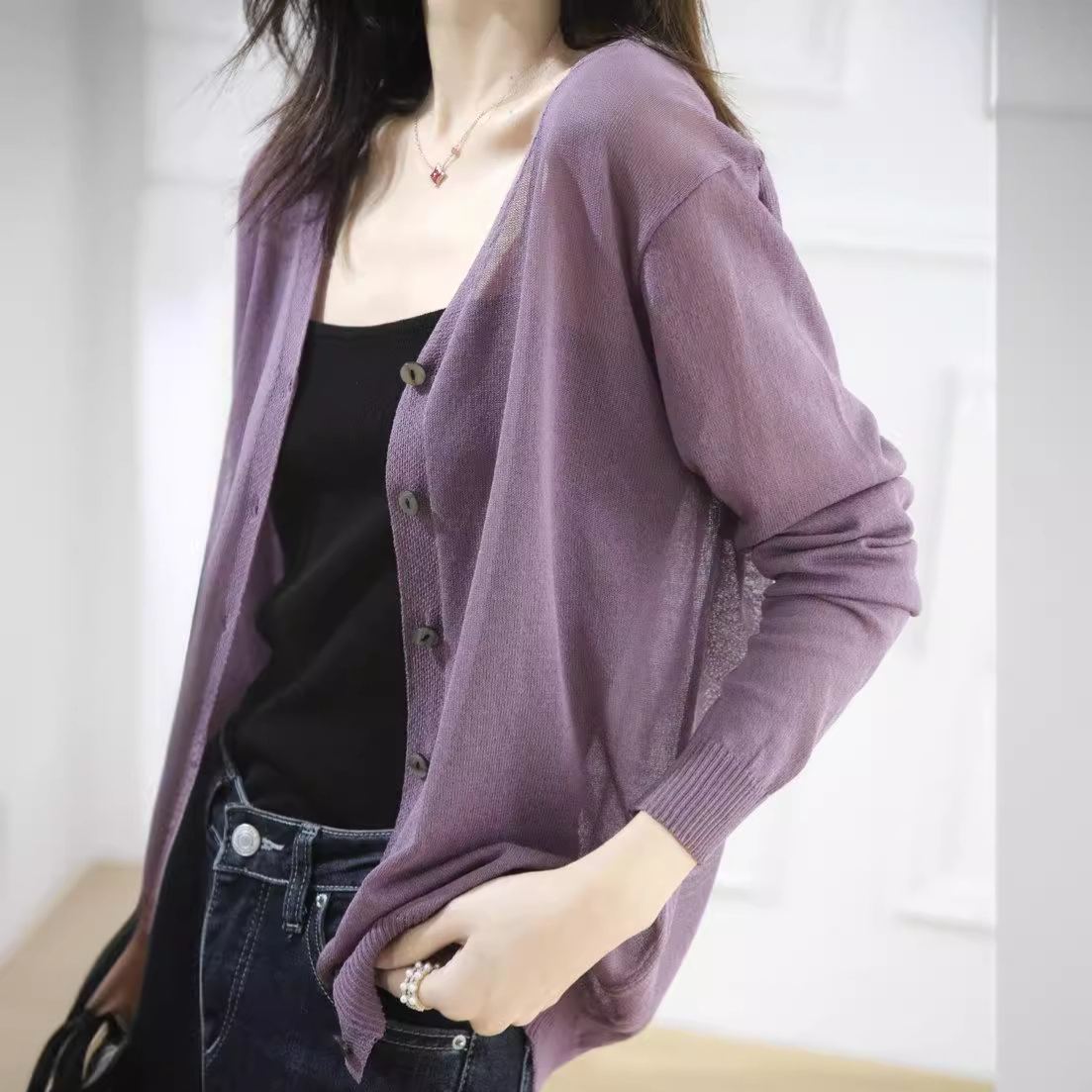 V領針織開衫冰絲防曬短款長袖針織開衫-Cicichill