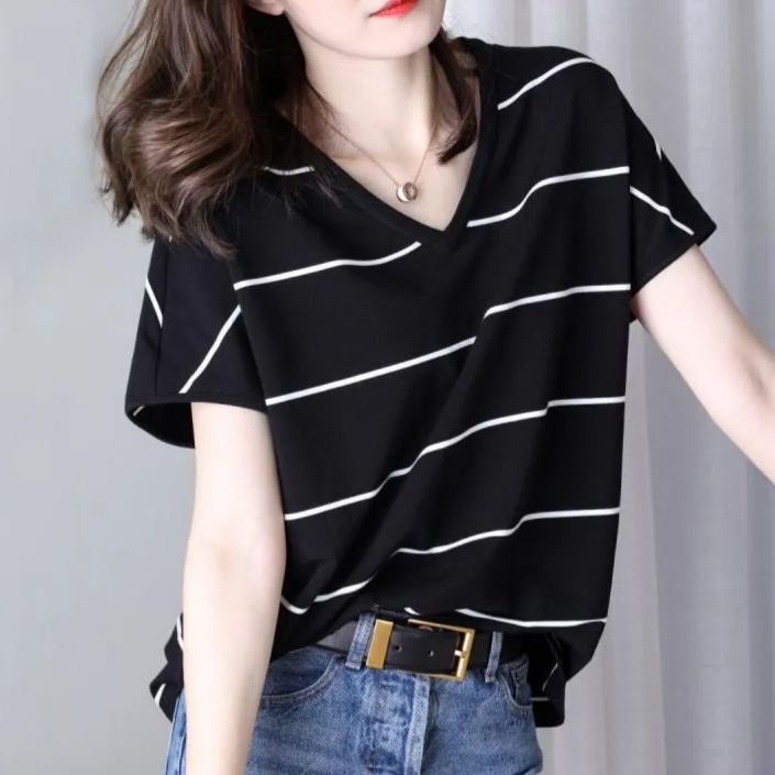 時尚v領涼爽透氣條紋百搭休閒短袖-Cicichill