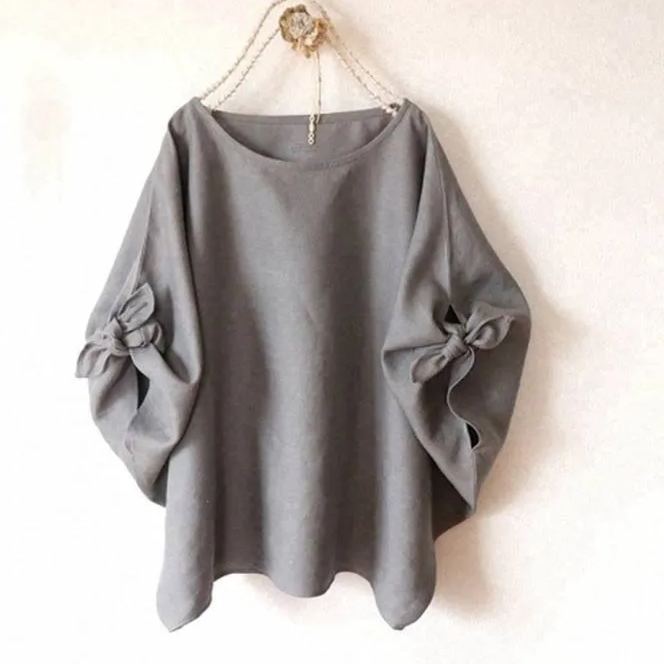 日系圓領寬鬆兩袖綁帶女上衣