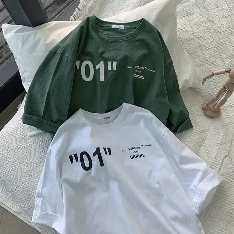 日系宽松休闲潮流字母印花五分短袖T恤
