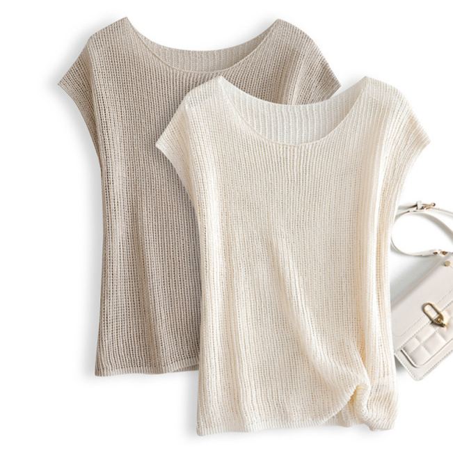 含桑蠶絲鏤空針織衫女 超顯瘦夏季輕薄涼快萊賽爾天絲短袖恤上衣