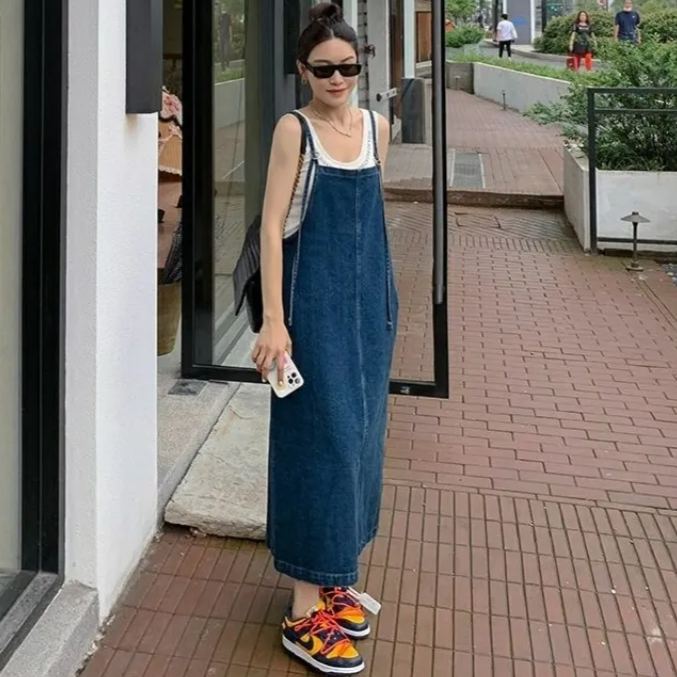 寬鬆減齡學生薄款開叉吊帶牛仔洋裝