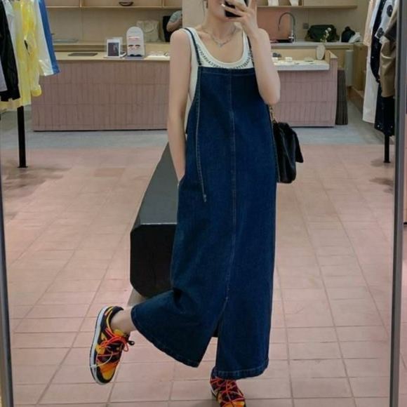 寬鬆減齡學生薄款開叉吊帶牛仔洋裝