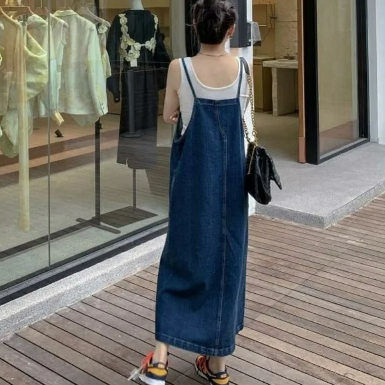 寬鬆減齡學生薄款開叉吊帶牛仔洋裝