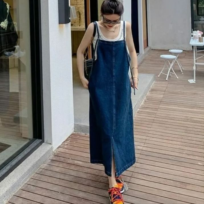 寬鬆減齡學生薄款開叉吊帶牛仔洋裝