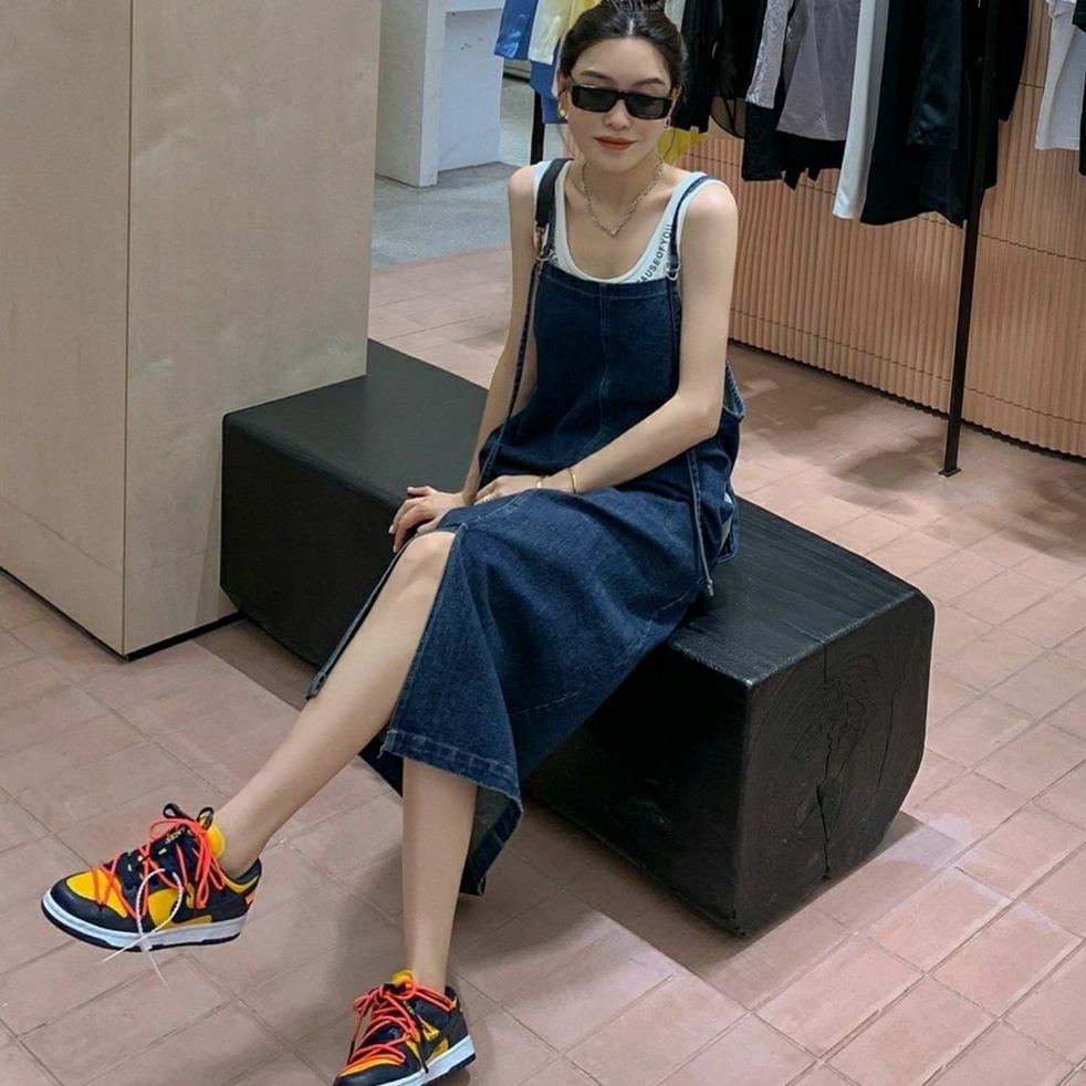 寬鬆減齡學生薄款開叉吊帶牛仔洋裝