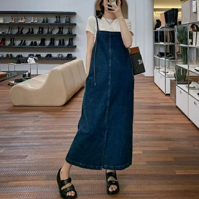 寬鬆減齡學生薄款開叉吊帶牛仔洋裝