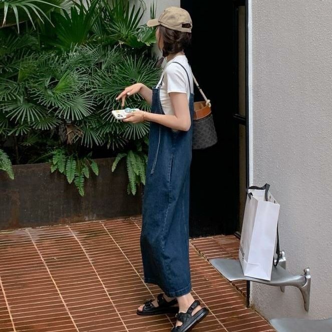 寬鬆減齡學生薄款開叉吊帶牛仔洋裝