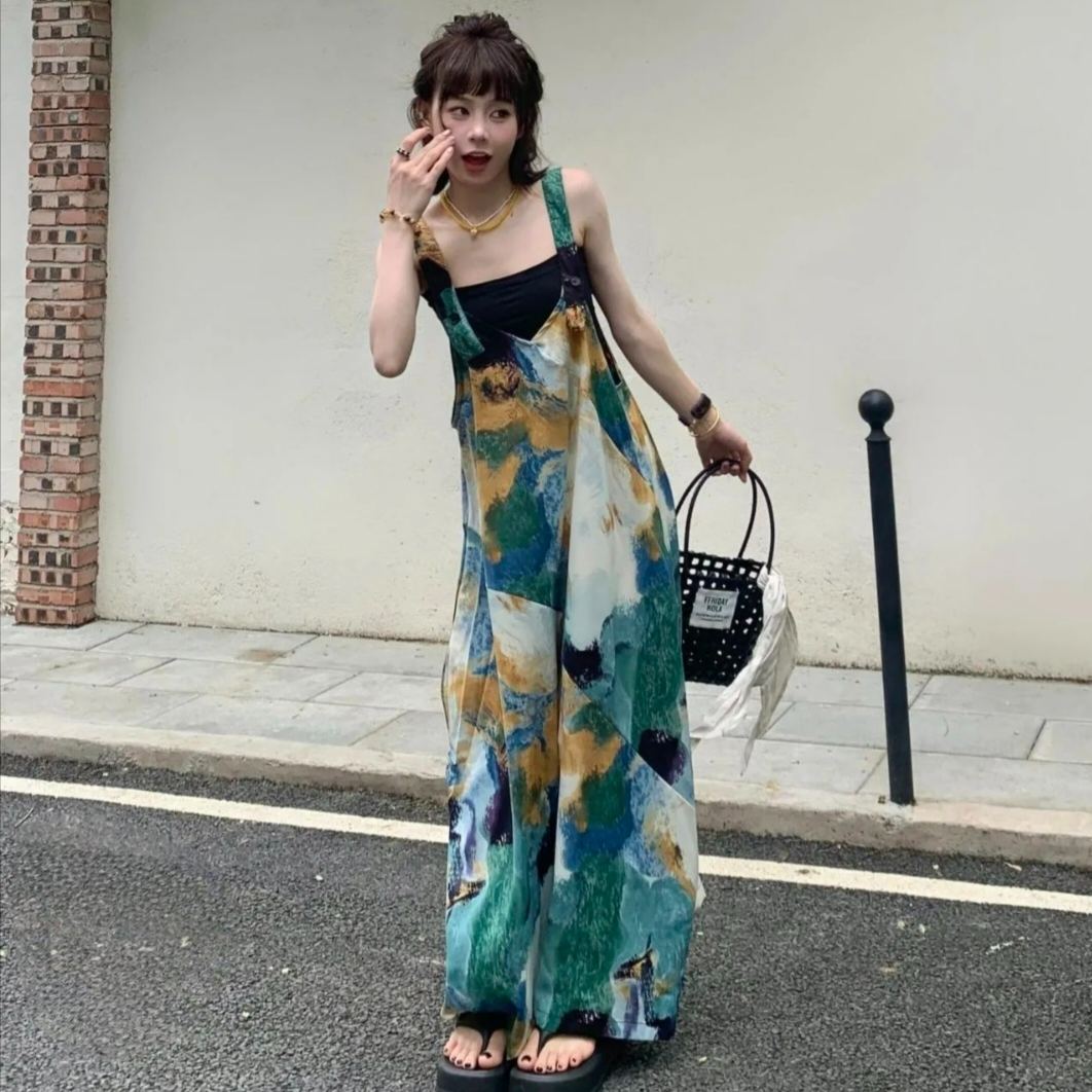 清涼顯白海島藍V領寬鬆休閒闊腿背帶連體褲