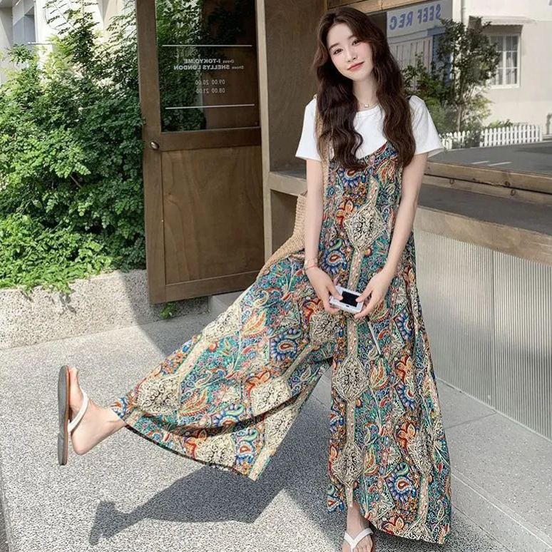 【單件/套裝】白色短袖+法式復古波西米亞風闊腿背帶連體褲兩件套裝