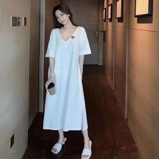 慵懶風大碼性感露背薄款V領短袖洋裝