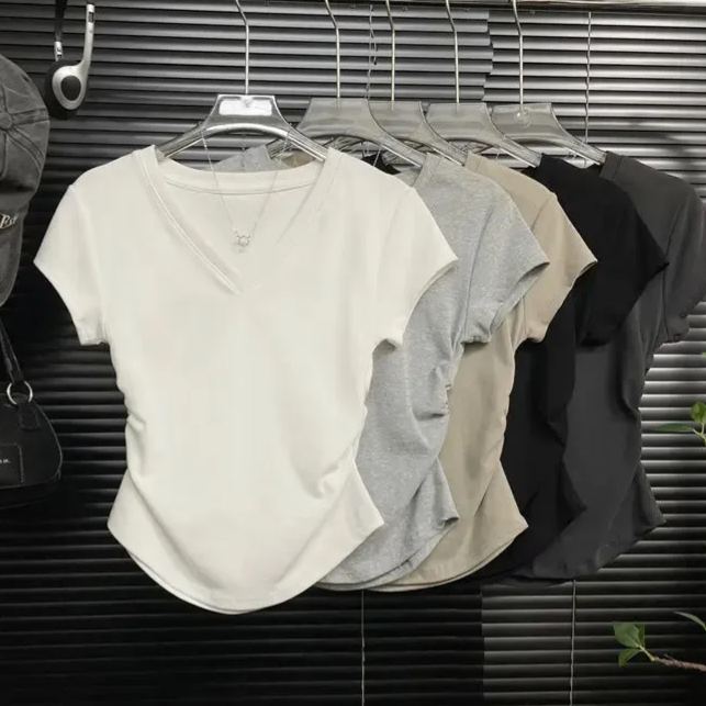 別緻洋氣圓領設計感褶皺收腰百搭顯瘦正肩短袖T恤