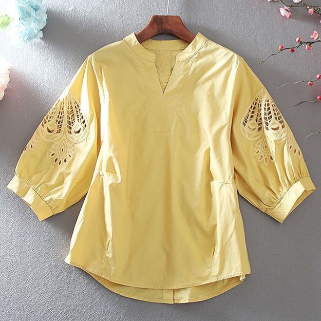 純棉V領氣質中袖鏤空設計感大碼休閒顯瘦襯衫