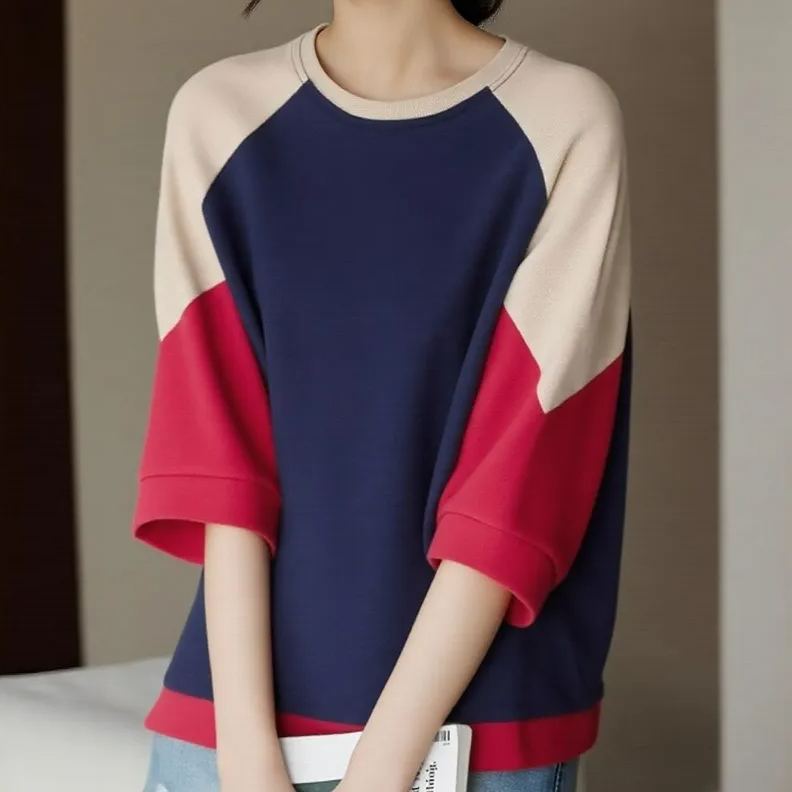 純棉寬鬆復古圓領文藝休閒五分袖大碼中袖t恤