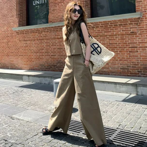 【單件/套裝】極簡設計兩穿無袖背心+寬鬆休閑闊腿褲套裝