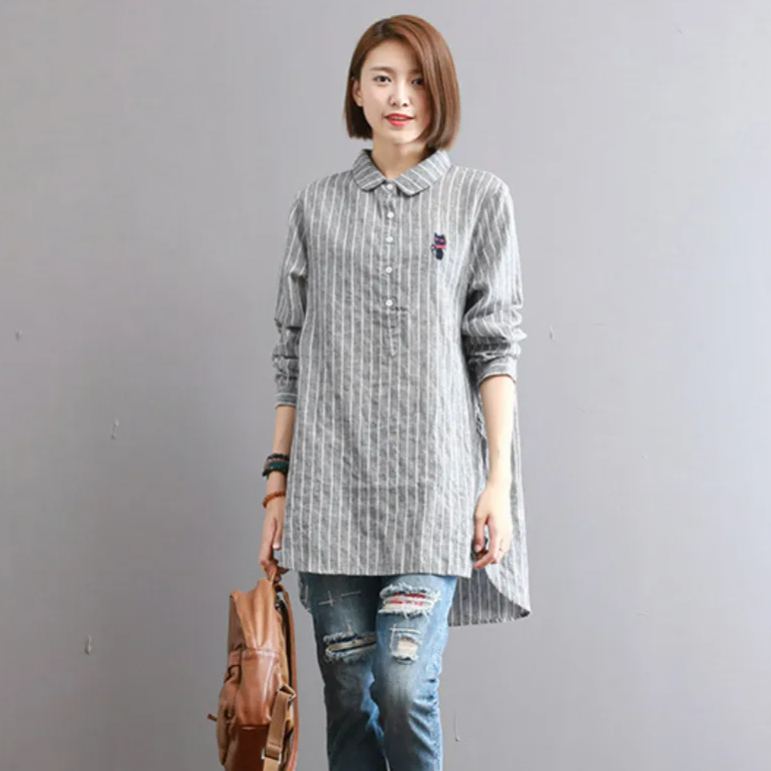 寬鬆刺繡格子條紋長袖寬鬆中長款棉質娃娃領襯衫