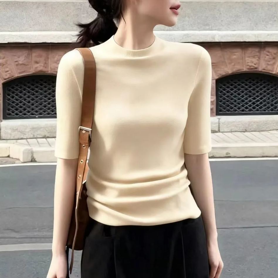 百搭顯瘦高級半高領五分袖內搭修身打底針織衫