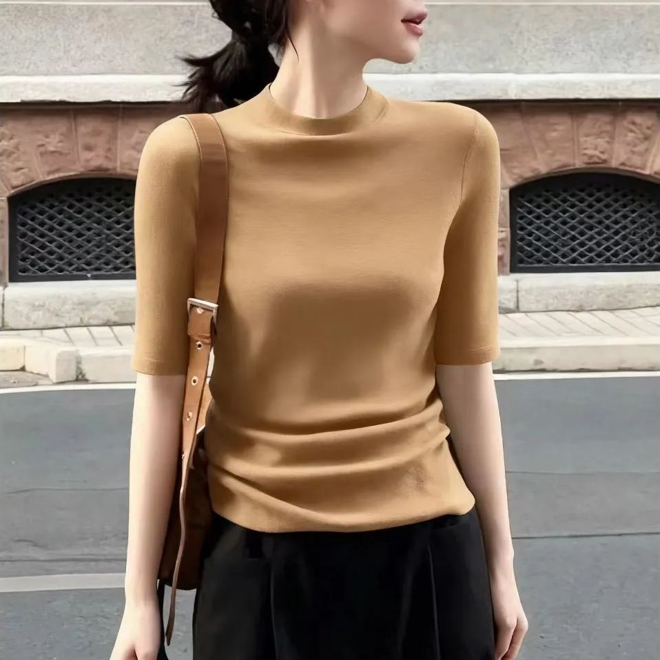 百搭顯瘦高級半高領五分袖內搭修身打底針織衫