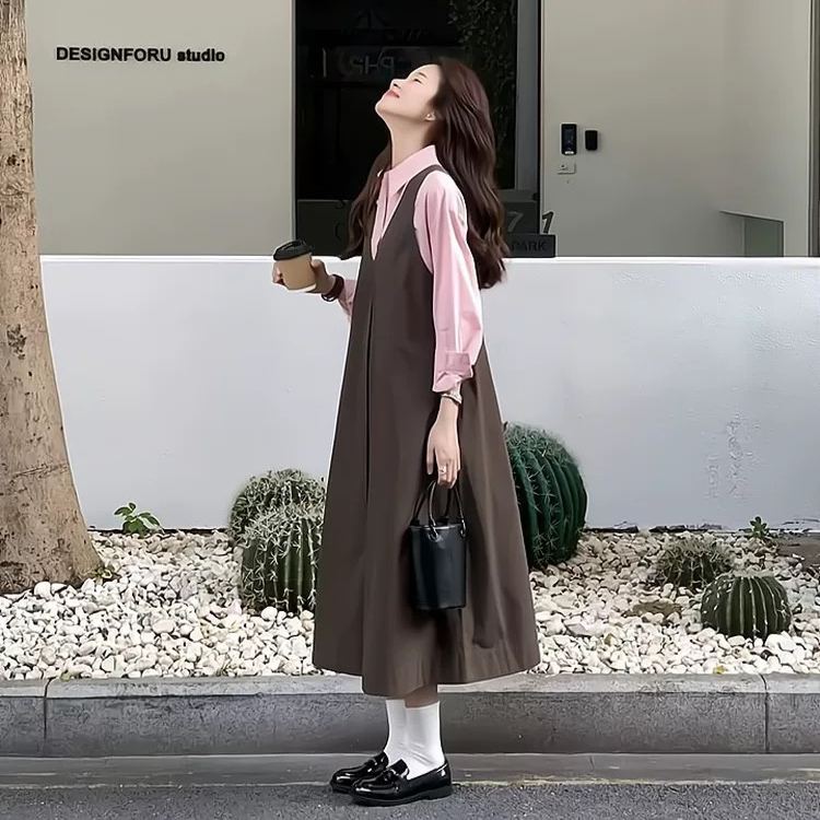 【單件/套裝】減齡長袖襯衫+寬鬆背帶長裙兩件套裝