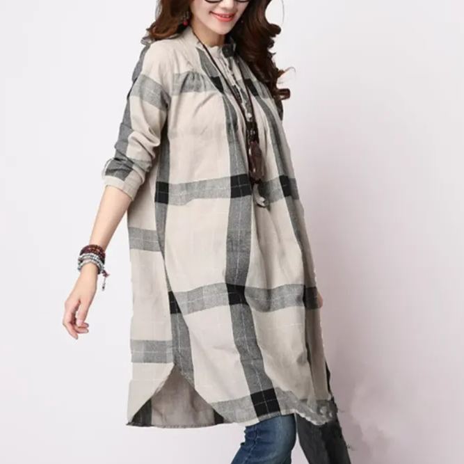 韓版大碼亞麻寬鬆中長款格子裙長袖棉麻襯衫