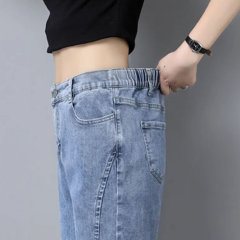 微喇型鬆緊高腰港風顯瘦小脚哈倫牛仔褲