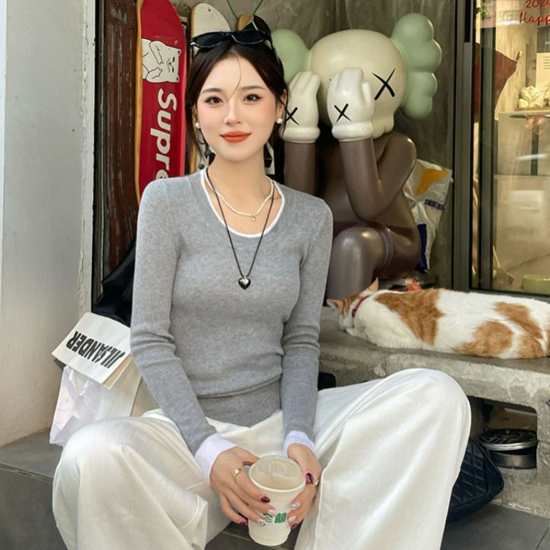 圓領撞色毛衣內搭設計感長袖針織打底衫