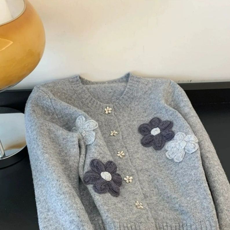 韓版花朵寬鬆毛衣慵懶刺繡針織開衫