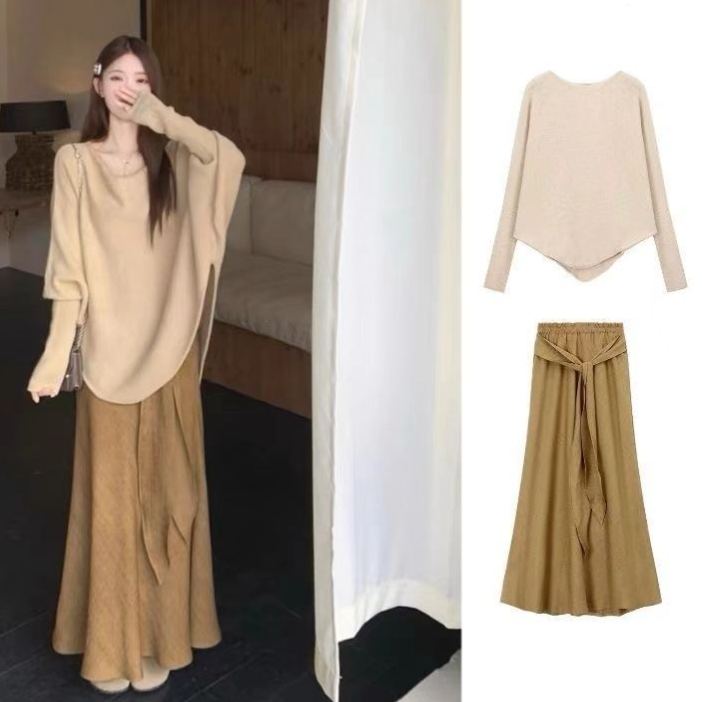 【單件/套裝】氣質小眾不規則慵懶風寬鬆針織毛衣+魚尾裙半身裙兩件套