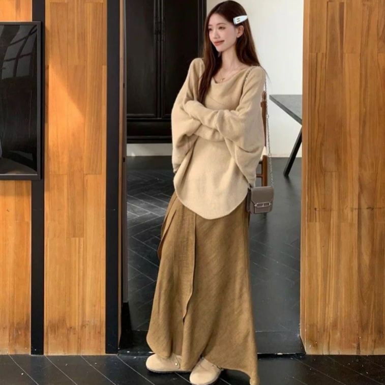 【單件/套裝】氣質小眾不規則慵懶風寬鬆針織毛衣+魚尾裙半身裙兩件套