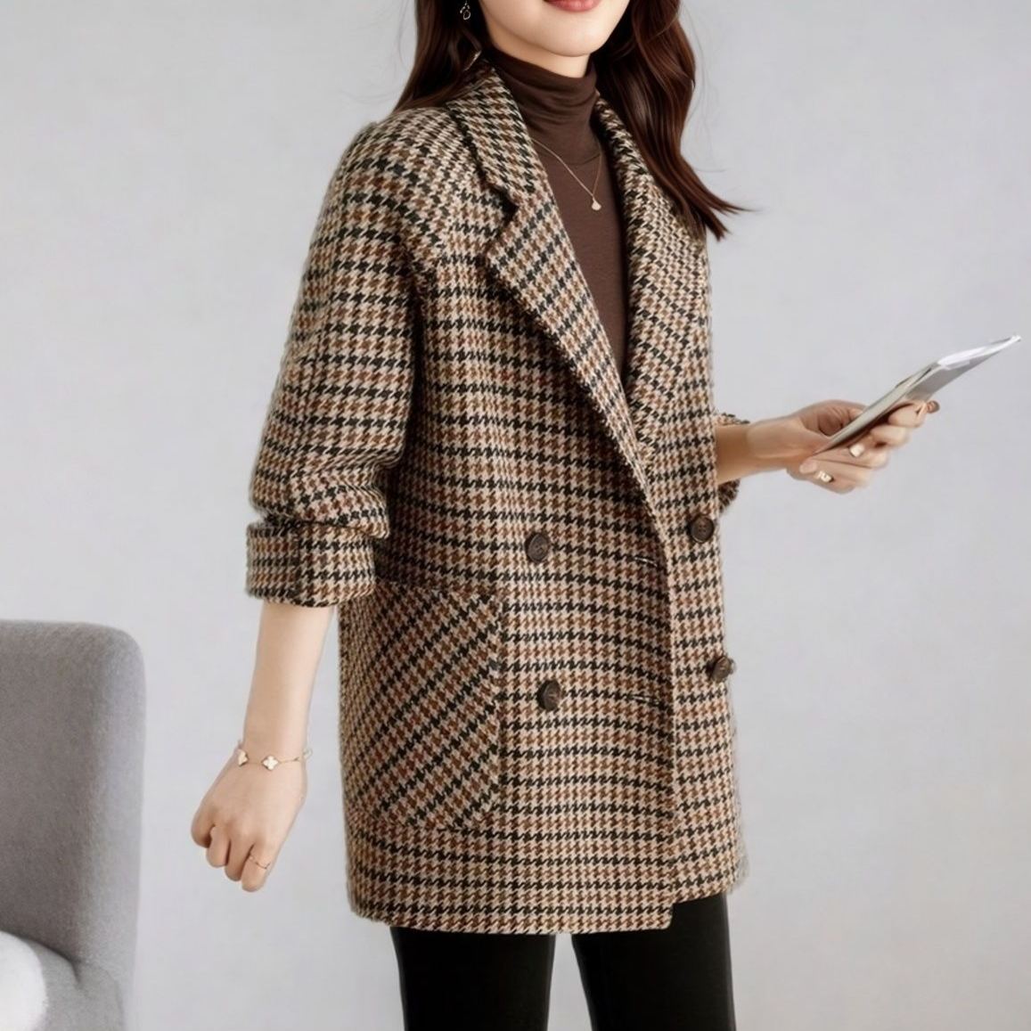 西裝領毛呢大衣寬鬆時尚感呢子中長版千鳥格外套