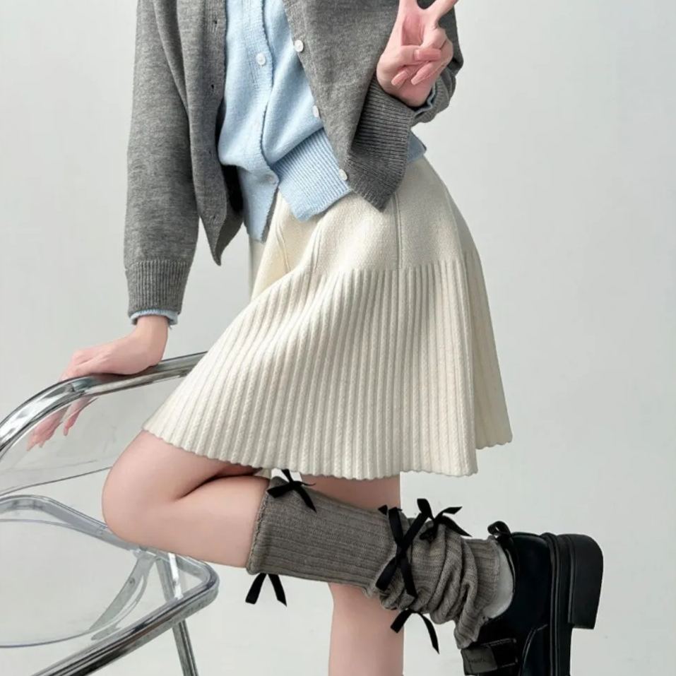 高腰針織半身裙遮跨A字百褶短裙