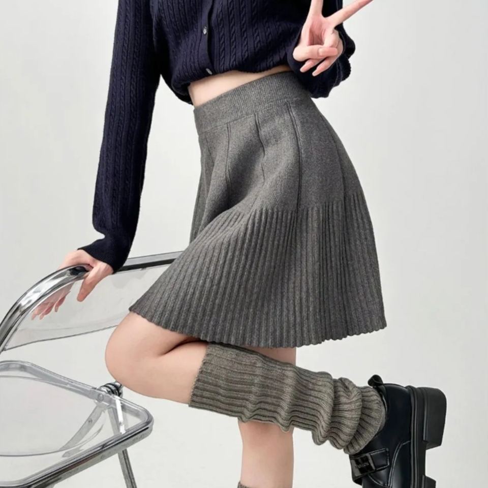 高腰針織半身裙遮跨A字百褶短裙