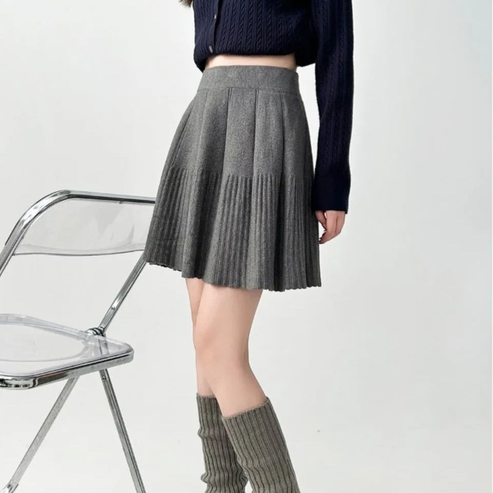 高腰針織半身裙遮跨A字百褶短裙