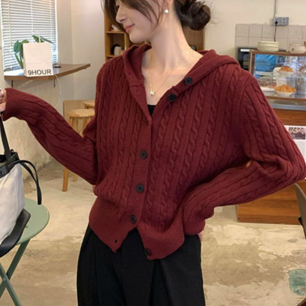 設計感顯瘦氣質百搭連帽長袖針織開衫