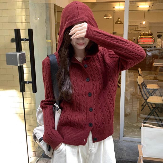 設計感顯瘦氣質百搭連帽長袖針織開衫