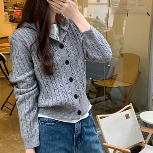 設計感顯瘦氣質百搭連帽長袖針織開衫