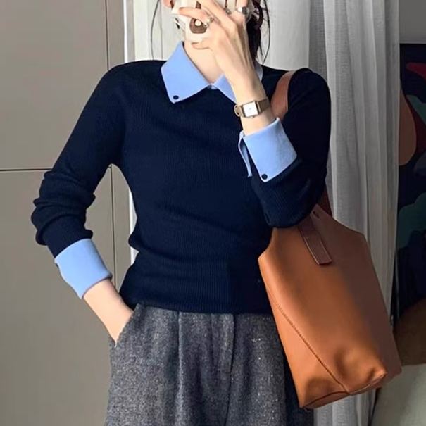 復古翻領拼接撞色內搭顯瘦修身針織毛衣