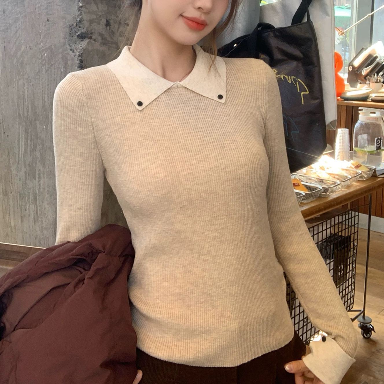 復古翻領拼接撞色內搭顯瘦修身針織毛衣