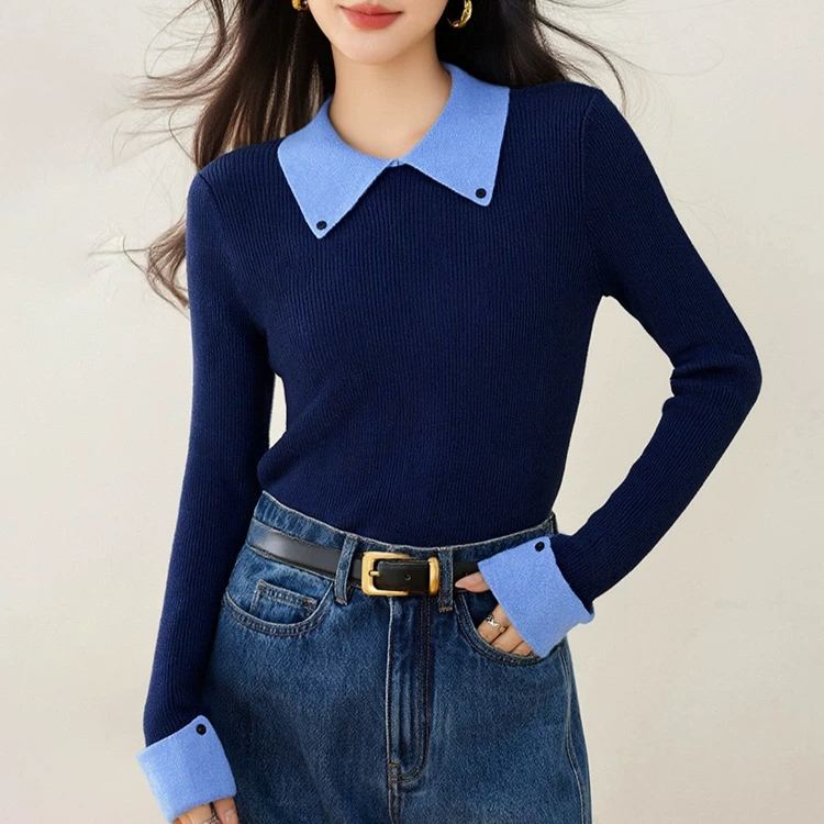 復古翻領拼接撞色內搭顯瘦修身針織毛衣
