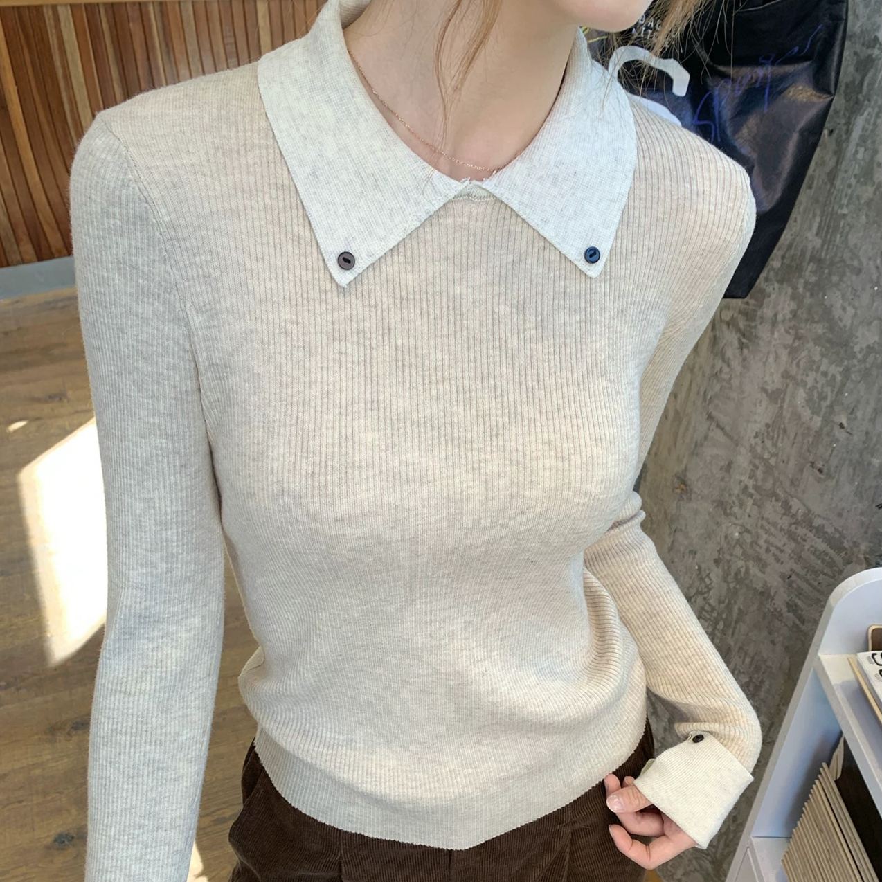 復古翻領拼接撞色內搭顯瘦修身針織毛衣