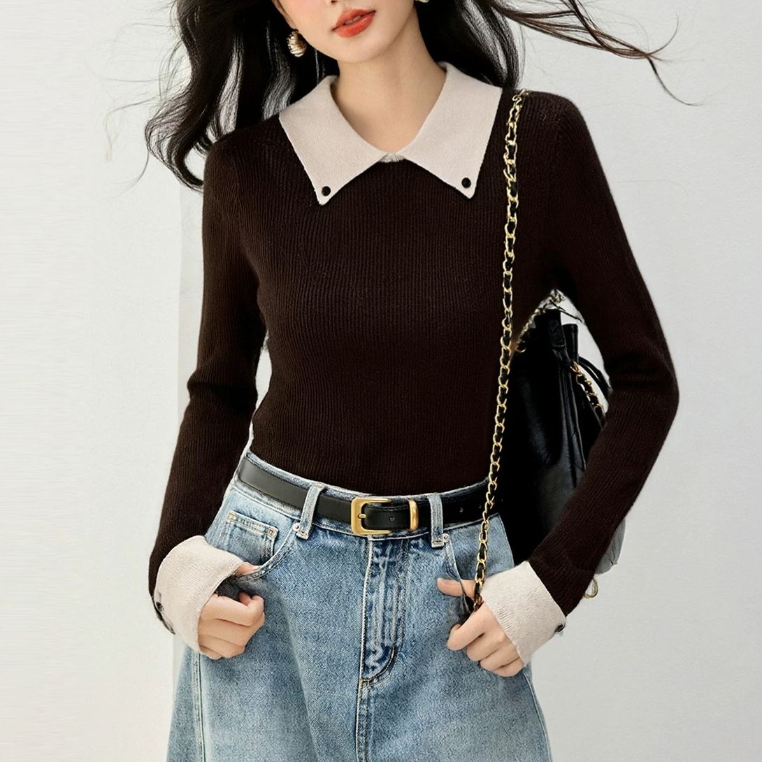 復古翻領拼接撞色內搭顯瘦修身針織毛衣