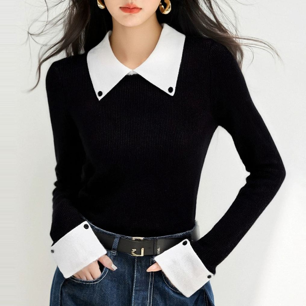 復古翻領拼接撞色內搭顯瘦修身針織毛衣