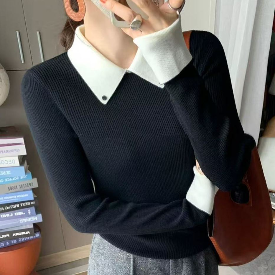 復古翻領拼接撞色毛衣顯瘦高級感顯瘦修身內搭長袖針織衫