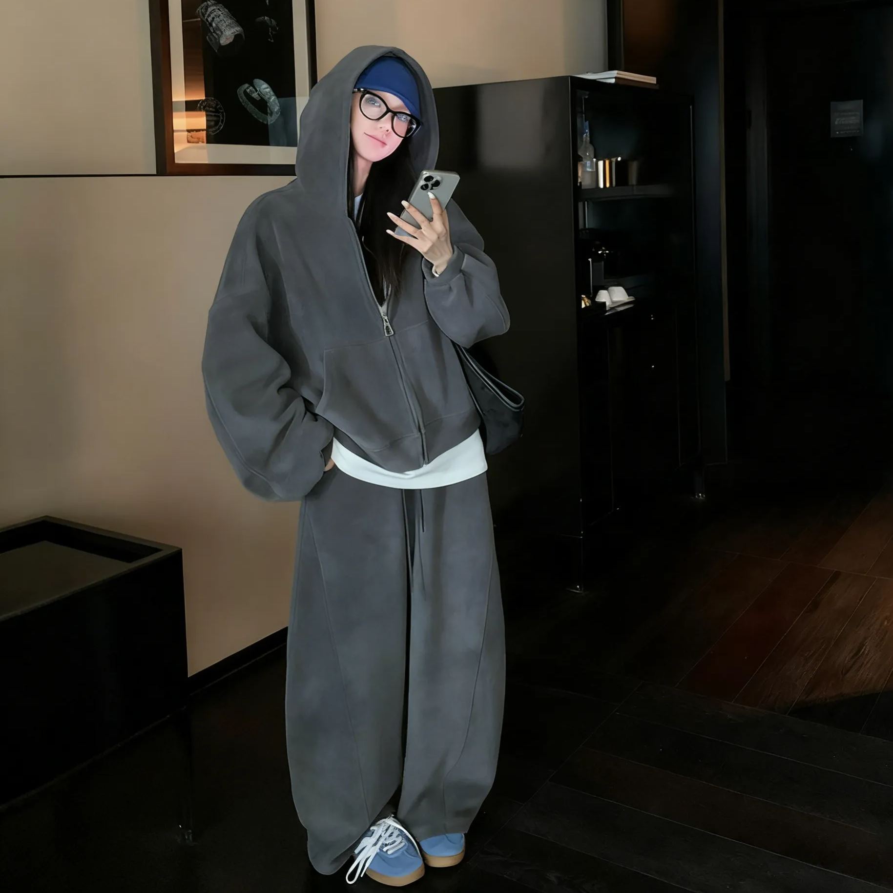 【整套】洋氣時髦大碼顯瘦連帽T+運動休閒闊腿褲兩件套