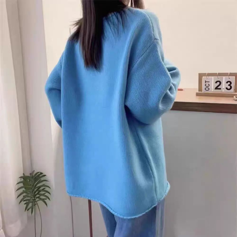 寬鬆百搭慵懶素色毛衣時尚捲邊圓領針織衫