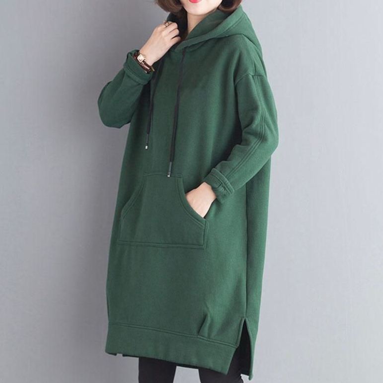 大碼寬鬆刷毛加厚素色開叉連帽中長裙