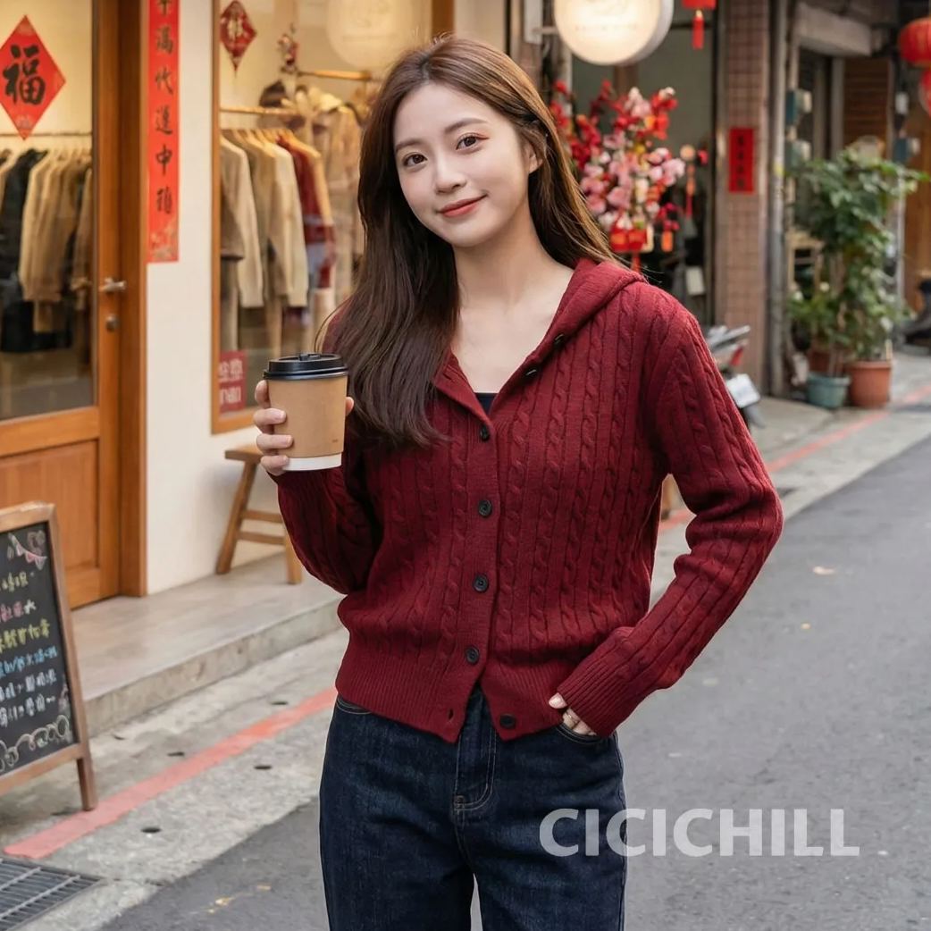 設計感顯瘦氣質百搭連帽長袖針織開衫