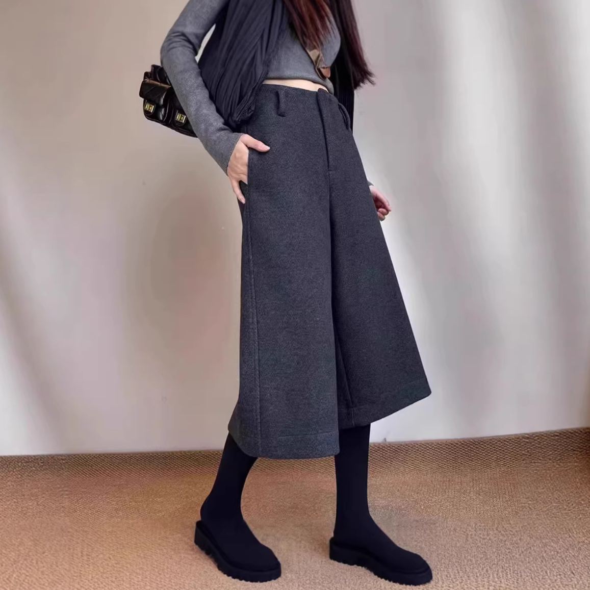 灰色毛呢高腰顯瘦休閒百搭a字7分闊腿褲