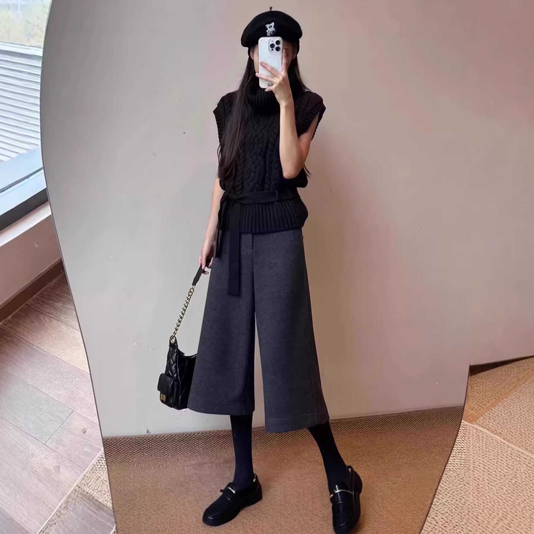 灰色毛呢高腰顯瘦休閒百搭a字7分闊腿褲