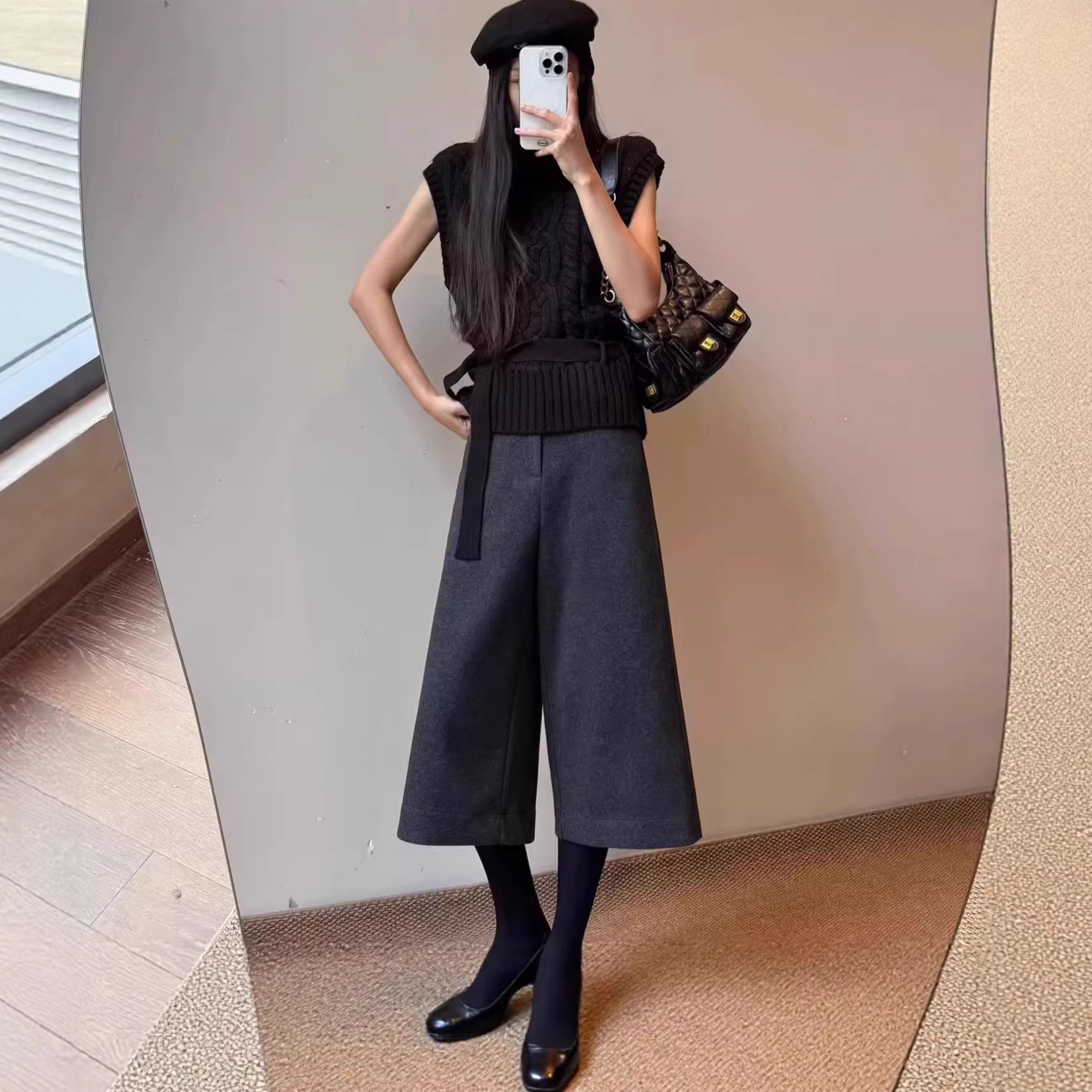 灰色毛呢高腰顯瘦休閒百搭a字7分闊腿褲